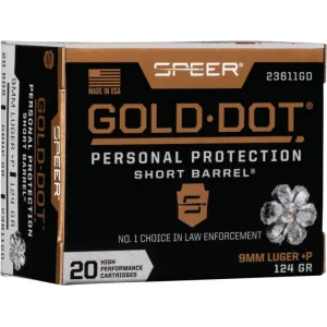 Speer Ammo 23611GD Gold Dot Personal Protection 9mm Luger +P 124 gr Hollow Point (HP) - 20rd Box