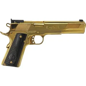Iver Johnson Eagle XL 1911 XL45NPBW Pistol, 45 ACP, 6\" Barrel, 8+1, Semi-Auto, 24K Gold Plated, Wood Grips.