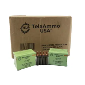 TelaAmmo Brand 7.62x39 FMJ Ammunition, 124 Grain FMJ, Steel Case, Laquer Coated, Berdan Primed, Non-Corrosive. 20 Rds/Box, Mil-Spec -1000 Round Case.