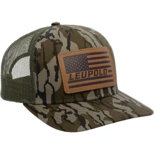 Leupold 172600 Leather Flag Trucker Hat Green/Bottomland Camo Adjustable Snapback OSFA Semi-Structured