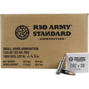 Red Army Standard 7.62x39 122 GR FMJ Ammo, Steel Case, Berdan Primed, Non-Corrosive - 1000 Round Case - AM3420