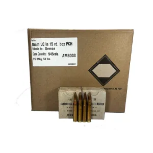 Greek Military Surplus, 8mm Mauser, 198 GR FMJ Ammunition, Brass Cased, Boat Tail, Berdan Primed, Corrosive, Lead Core - 945 Round Case - AM8003