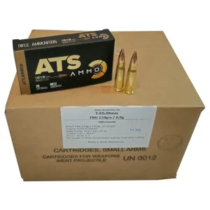 ATS X-Force 7.62x39 Ammunition,124 Gr, FMJ, Brass Cased, Boxer Primed, Non-Corrosive, Reloadable, Made In Macedonia - 540 Round Case