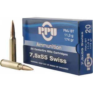 PPU PP338F Metric Rifle 7.5x55mm Swiss 174 GR Full Metal Jacket, Brass Cased, Boxer Primed, Non-Corrosive, Reloadable - 20 Round Box
