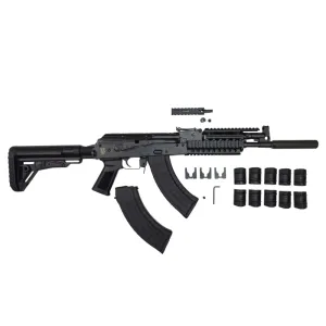 Pioneer Arms GROM Series Semi-Automatic 7.62x39mm AK-47 Style Rifle with Quad Rail Handguard & Telescopic Buttstock, Faux Suppressor, & 30 Round Magazine - POL-AK-GROM-FT-TS-R