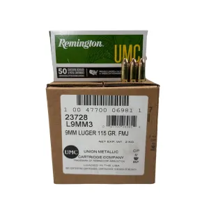 Remington UMC Ammunition 9mm Luger 115 Grain Full Metal Jacket (FMJ), Brass, Boxer, Reloadable, Non-Corrosive - 500 Round Case - Mfg# 23728
