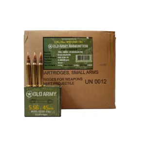 Old Army Ammo Brand 5.56 Nato M193 55 Gr., FMJ, Brass, Boxer, Non-Corrosive 540 Rd Case, New Production, Made by ATS to Nato Spec in Macedonia for OAA