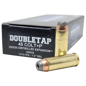 DoubleTap Controlled Expansion .45 Colt +P 250gr Semi-Jacketed Hollow Point Brass Case 20 Rounds