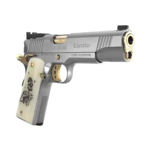 Girsan MC1911S Liberador III 391051 Pistol 9mm 5\" 10+1 Single-Action Polished Stainless/Gold, Engraved Pearl Grips.