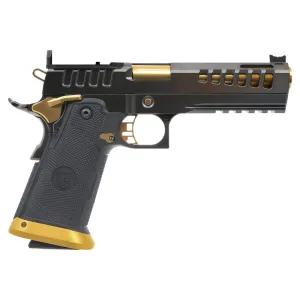 Watchtower Firearms DEMOLITIA9MM5ELITE Demolitia Full Size Frame 20+1 5\" Gold Plated PVD Ported Barrel, Graphite PVD Optic Cut/Serrated Steel Slide, Graphite PVD Frame, Black Textured Grip