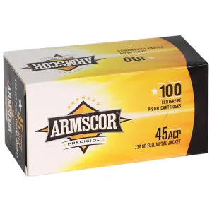 Armscor 50443 45 ACP 230 GR, Brass Cased, Boxer Primed, Reloadable, FMJ - Value Pack - 100 Round Box