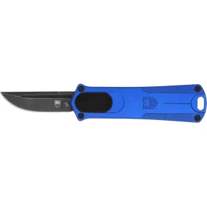 CobraTec Knives CALI952BLUDNS California 952 *CA Compliant 1.75\" OTF Drop Point Plain Black Stonewashed D2 Steel Blade, 3\" Blue Anodized Aluminum Handle