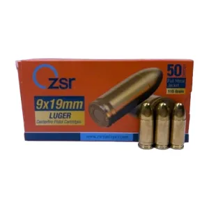ZSR 9mm Ammunition, Brass Cased, Boxer Primed,Nato Spec, Reloadable, Non-Corrosive, 115 Grain FMJ - 50 Rd Box