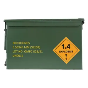OMPC New Production 5.56 NATO M855 Steel Core Rifle Ammo, 62gr FMJ, Brass Case, Boxer Primed, Reloadable, N/C, 3020 fps - 800 Round Ammo Can