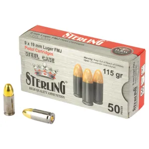 Sterling 9mm 115gr FMJ Steel Case Ammunition, Non-Corrosive, Clean Firing, 50 Rounds Per Box. Mfg # 57674