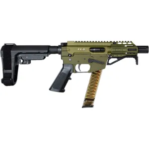 Freedom Ordnance FX9P4S-ODG Pistol, 9mm Luger, 4\" Barrel, 31+1, Semi-Auto, SBA3 Brace, Faux Suppressor, OD Green.
