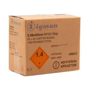 Igman - 5.56x45 - M193 - 55 Grain - Full Metal Jacket, Brass Cased, Boxer Primed, Non-Magnetic, Non-Corrosive - 3180 FPS -1000 Rounds - IGM193-CASE