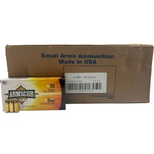 Armscor FAC94 9mm Luger Ammunition,124 GR. Full Metal Jacket, Brass Cased, Boxer Primed, Non-Corrosive, Fully Reloadable - 1000 Round Case
