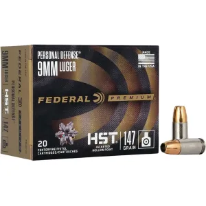 Federal Premium Personal Defense 9mm Luger Ammo 147 Grain Federal HST Jacketed Hollow Point Case of 200 (10 Boxes of 20)