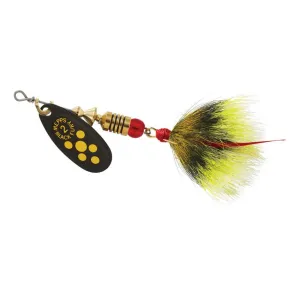 Mepps Aglia Black Fury Dressed Inline Spinner 1/6oz Gray & Yellow Tail Yellow Dot Blade