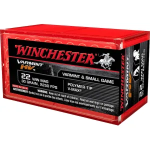Winchester Varmint HV 22 Winchester Magnum Rimfire (WMR) Ammo 30 Grain Hornady V-Max Polymer Tip Case of 1000 (20 Boxes of 50)