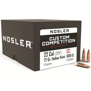 Nosler Custom Competition 22 Caliber (224 Diameter) Bullets 77 Grain Jacketed Hollow Point Box of 1000
