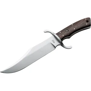Boker Knives Bowie Fixed Blade Knife 7.8" Clip Point Bohler N690 Satin Blade Oak Handle Wood