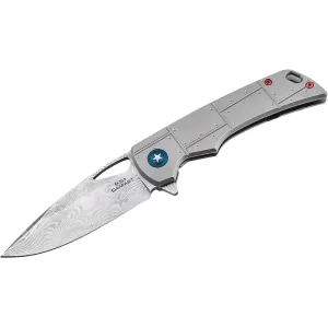 Boker Knives P-51 Damast Pocket Knife 3.35" Drop Point Damascus Blade Titanium Handle Gray