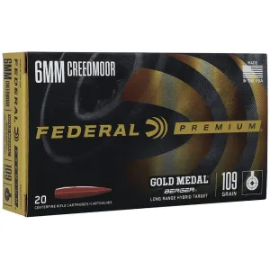 Federal Premium Gold Medal 6mm Creedmoor Ammo 109 Grain Berger Hybrid Target Jacketed Hollow Point Case of 200 (10 Boxes of 20)