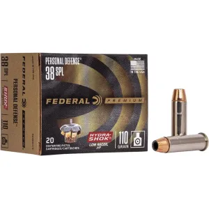 Federal Premium Personal Defense Reduced Recoil 38 Special Ammo 110 Grain Federal Hydra-Shok Jacketed Hollow Point Case of 200 (10 Boxes of 20)