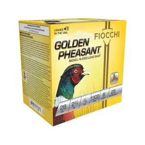 Fiocchi Golden Pheasant 28 Gauge Ammo 2-3/4" #6 Nickel Plated Lead Shot 7/8 oz Case of 250 (10 Boxes of 25)