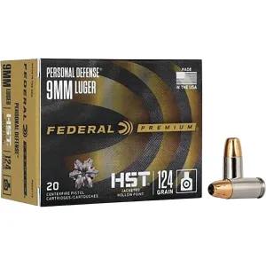 Federal Premium Personal Defense 9mm Luger Ammo 124 Grain Federal HST Jacketed Hollow Point Case of 200 (10 Boxes of 20)