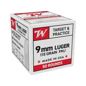 Winchester Target & Practice 9mm Luger Ammo 115 Grain Full Metal Jacket Case of 1000 (20 Boxes of 50)