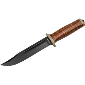 Boker Knives Ranger Field Bowie Fixed Blade Knife 5.91" Clip Point 440A Black Blade Leather Handle Brown
