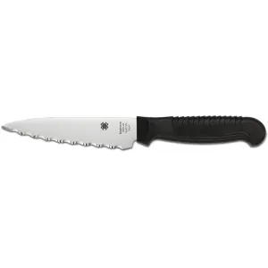 Spyderco Kitchen Utility Knife 4.5" Fully Serrated Clip Point MBS-26 Stainless Satin Blade Fiberglass Reinforced Nylon (FRN) Handle Black