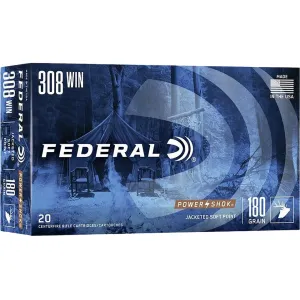 Federal Power-Shok 308 Winchester Ammo 180 Grain Jacketed Soft Point Case of 200 (10 Boxes of 20)