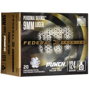 Federal Personal Defense Punch 9mm Luger Ammo 124 Grain Jacketed Hollow Point Case of 200 (10 Boxes of 20)