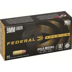 Federal Premium Gold Medal Match 9mm Luger Ammo 147 Grain Full Metal Jacket Case of 500 (10 Boxes of 50)