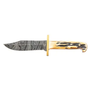 Bear & Son Baby Bowie Fixed Blade Knife 3" Clip Point Damascus Blade Bone Handle Stag