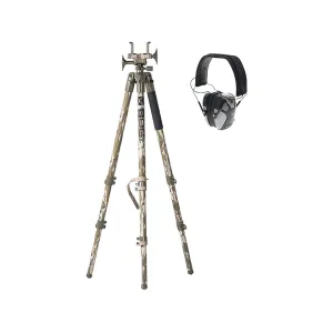 BOG DeathGrip Shooting Stick Tripod Mossy Oak Bottomland with E-Max Pro Earmuffs
