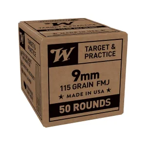 Winchester Brown Box Target & Practice 9mm Luger Ammo 115 Grain Full Metal Jacket Flat Nose Case of 1000 (20 Boxes of 50 Bulk)