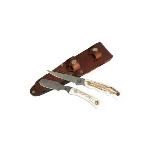 Knives of Alaska Jaeger/Muskrat Combo Fixed Blade Knife Set Stag Handles with Jaeger Boning Knife, Muskrat Knife and Leather Sheath
