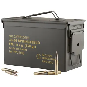 PPU M1 Garand 30-06 Springfield Ammo 150 Grain Full Metal Jacket Ammo Can of 500 (20 Boxes of 25)
