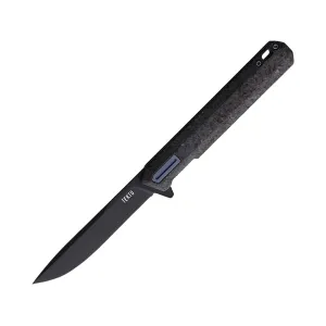 Tekto Knives F2 Bravo Pocket Knife 3.3" Drop Point D2 Black Titanium Blade Shredded Carbon Fiber Handle Black/Blue