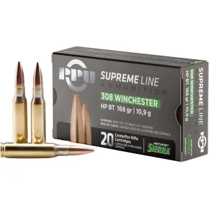 PPU Supreme 308 Winchester Ammo 168 Grain Sierra MatchKing Jacketed Hollow Point Box of 20