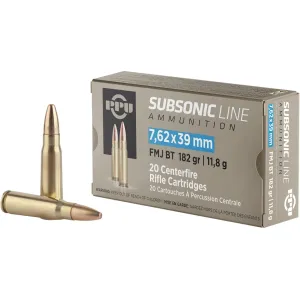 PPU Subsonic 7.62x39mm Ammo 182 Grain Full Metal Jacket Box of 20