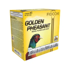 Fiocchi Golden Pheasant 20 Gauge Ammo 3" #4 Nickel Plated Lead Shot 1-1/4 oz Case of 250 (10 Boxes of 25)