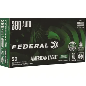 Federal American Eagle IRT 380 ACP Ammo 70 Grain Flat Nose Lead Free Case of 500 (10 Boxes of 50)