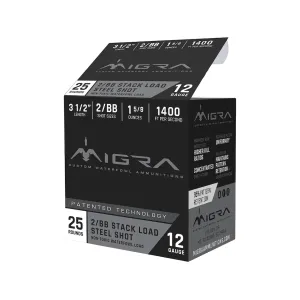 Migra Steel Waterfowl 12 Gauge Ammo 3-1/2" #2 and BB Steel Shot 1-3/8 oz Box of 25