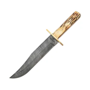 Bear & Son American Bowie Fixed Blade Knife 9" Bowie Damascus Blade Bone Handle Stag